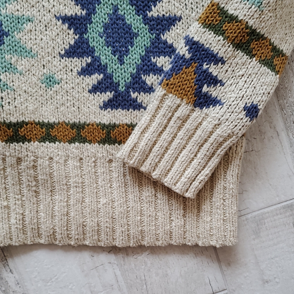 LLBean Women's Medium 100% Cotton Slub Fair Isle Multicolor Crew Neck Sweater - Picture 9 of 15